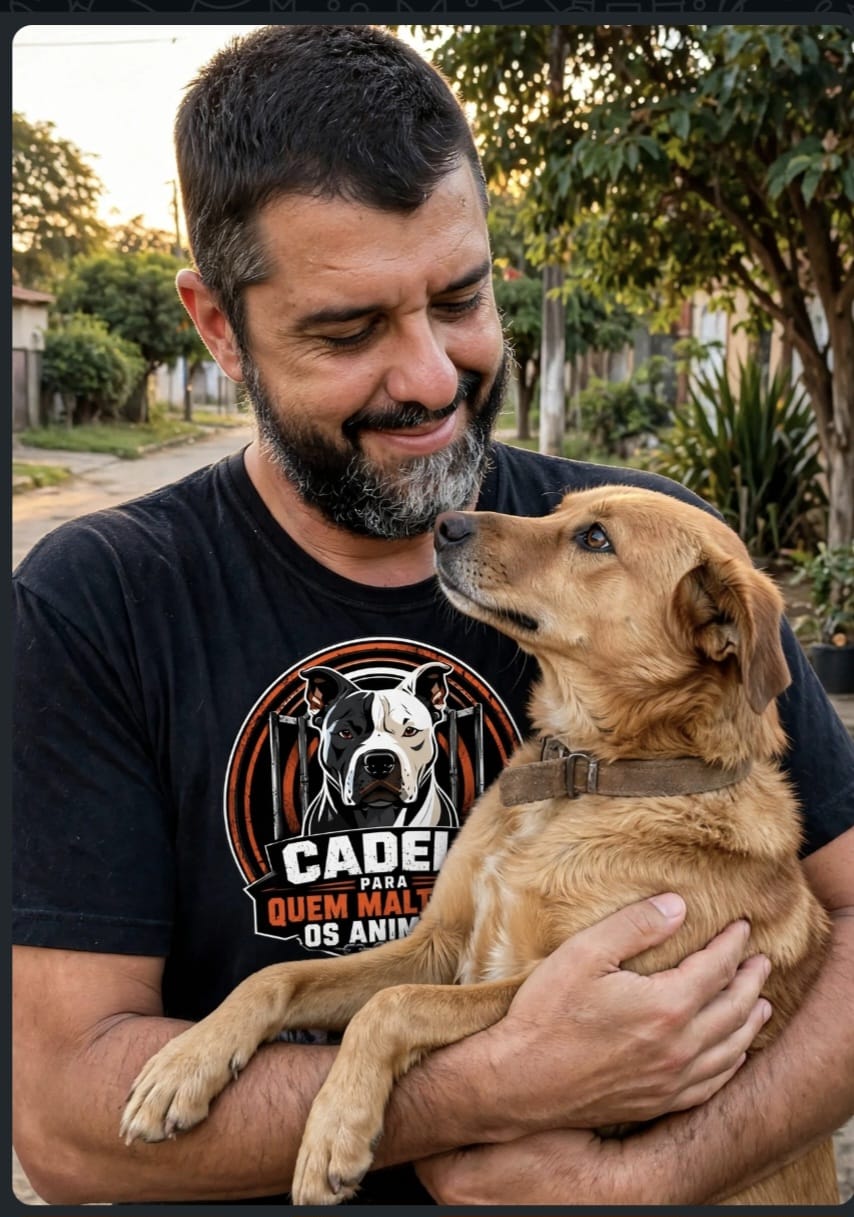 João Valois segurando no colo um cão caramelo.